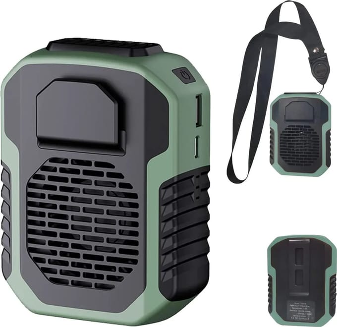 Draagbare handventilator (groen), mini-heupventilator, 2-in-1 ventilator, 3 windsnelheden, USB-interface