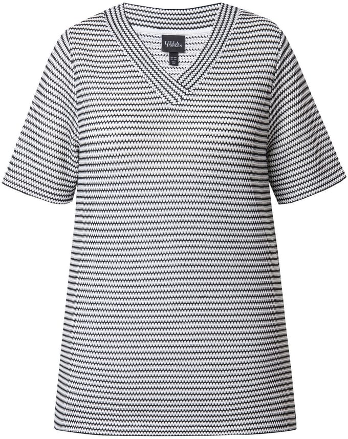 Ulla Popken - Dames - Sweatshirt structuurstrepen V-hals korte mouw - Zwart - Maat 42+
