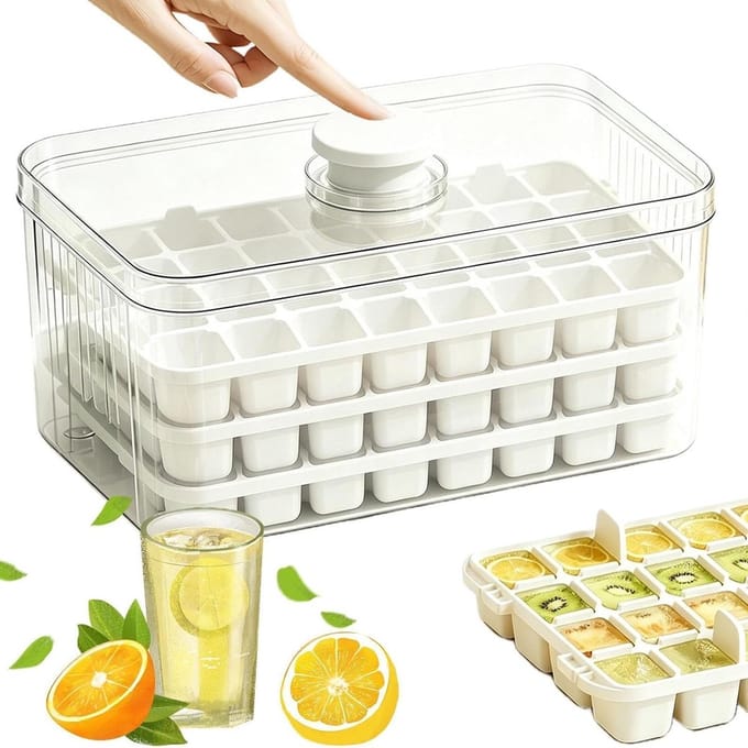 IJsbox met Deksel - Ijsblokjesmaker Bak - Dranken Koelen - 3-laags Pers-type - 96 Ijsblokjes - Wit