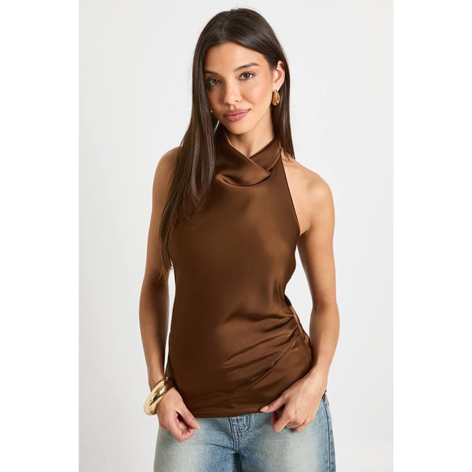 boohoo Dames Satijn top met hoge draperende halslijn | Espresso | Maat: 44