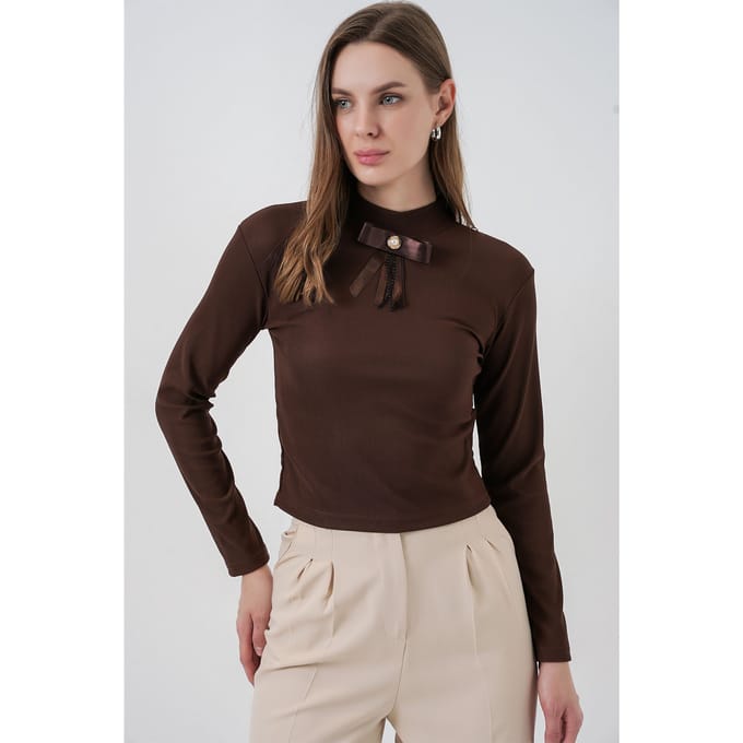Aangesloten Lange Mouw Halve Colblouse met Lintdetail