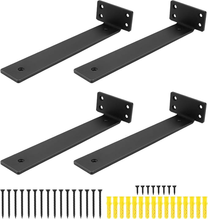 Set van 4 Zware Plankbeugels 25 cm | Onzichtbare Zwevende Wandplank Steunen | 75 kg Draagvermogen | Zwart