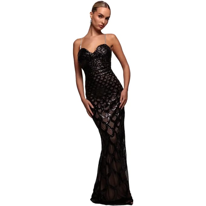 Damesjurk Goddiva Diamante Strap Fish Scale Maxi