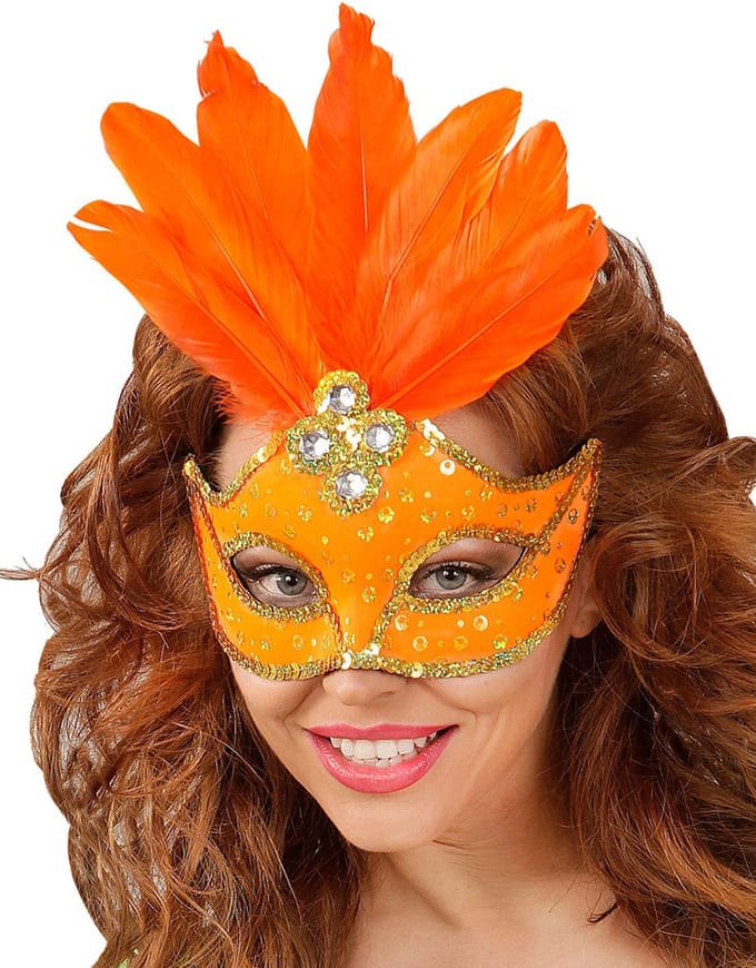WIDMANN - Oranje masker met veren voor dames