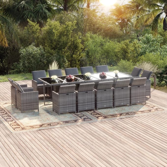 vidaXL - 15-delige - Tuinset - met - kussens - poly - rattan - grijs