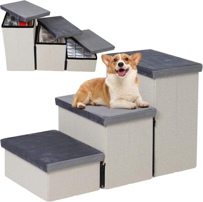 Foldable Pet Stairs with Storage Space for Small Dogs and Cats - Non-Slip Safety Ladder for Bed Sofa