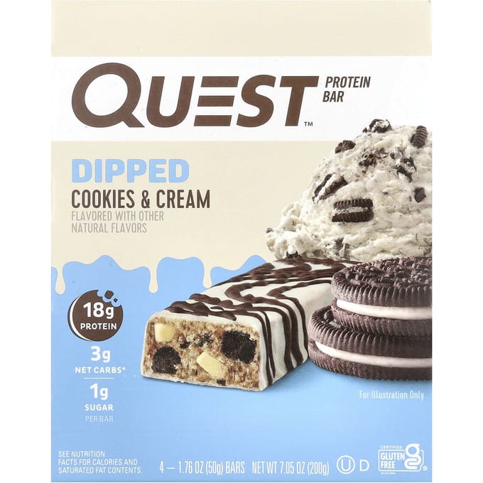 Barre protéinée, Trempette, Cookies & Crème, 4 Barres, 50G (1,76 oz) Chaque