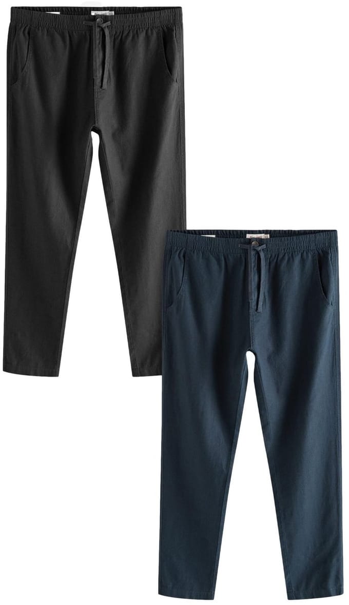 Next - Heren - Verpakking van 2 broeken van linnenkatoen-mix met elastisch taille met trekkoord - Blauw