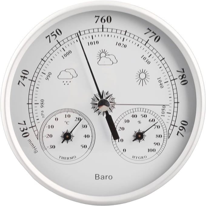 Weerstation 3-in-1 - Barometer Hygrometer - Binnen Buiten - Aluminium Constructie - 130 mm Diameter - Zilver Wit