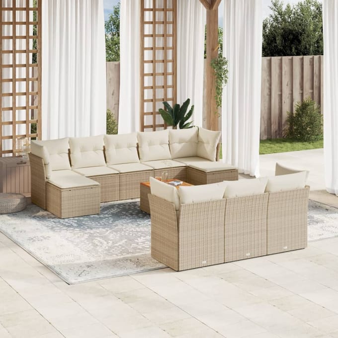vidaXL - 11-delige - Tuinset - met - kussens - poly - rattan - beige