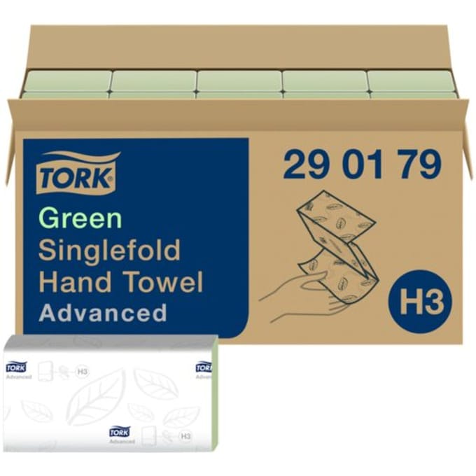 Handdoek tork h3 advanced singlefold 2-laags 248x230mm 15x250 vel groen 290179