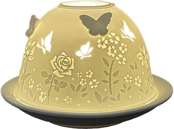 Clayre & Eef Waxinelichthouder Ø 12x8 cm Wit Porselein Vlinders