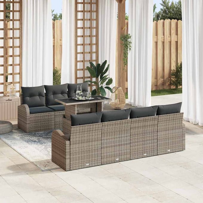 vidaXL Tuinbank Set met kussen met opslag 8 pcs Grijs Poly Riet