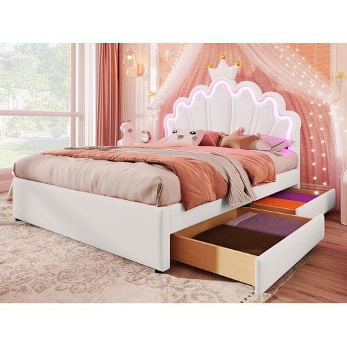 ModernLuxe Gestoffeerd kinderbed 140x200 cm - met LED en 2 lades - Wit