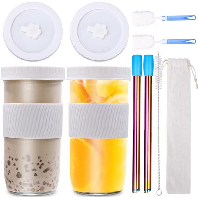 Glazen Drinkfles - Waterbeker - Lekvrij - Gemakkelijk Schoon te Maken - met Stro - 720ml - 2 Stuks