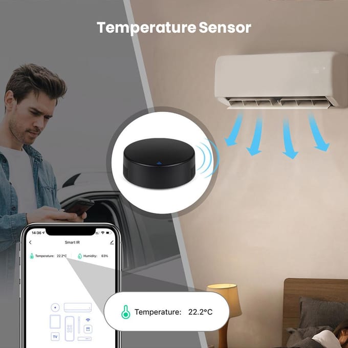 WiFi Slimme IR Afstandsbediening Universele Mini IR Afstandsbediening met Temperatuur- en Vochtigheidssensor zwart