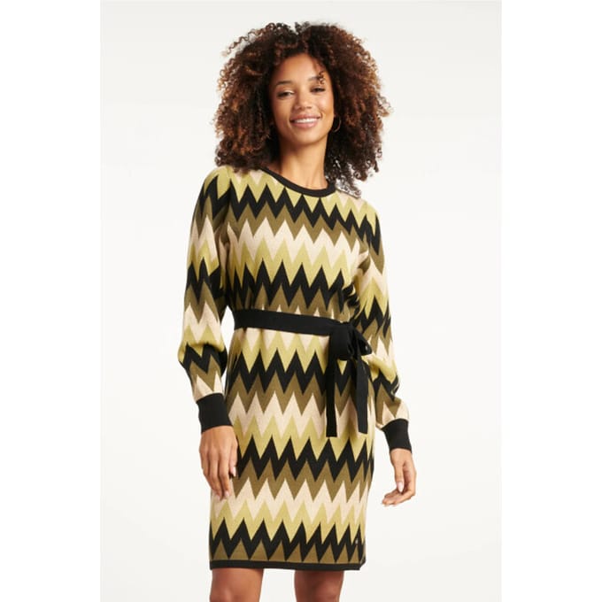 Smashed Lemon Gebreide zigzag jurk army en zand |