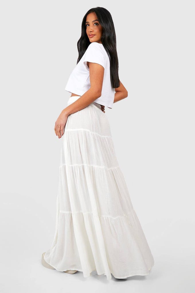 boohoo Dames Petite gelaagde kaasdoek maxi rok | Wit | Maat: 38