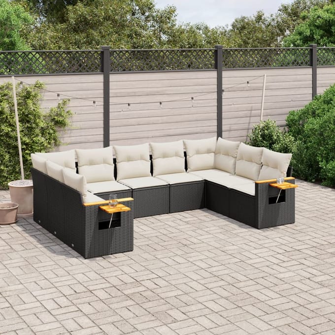 vidaXL - 9-delige - Loungeset - met - kussens - poly - rattan - zwart