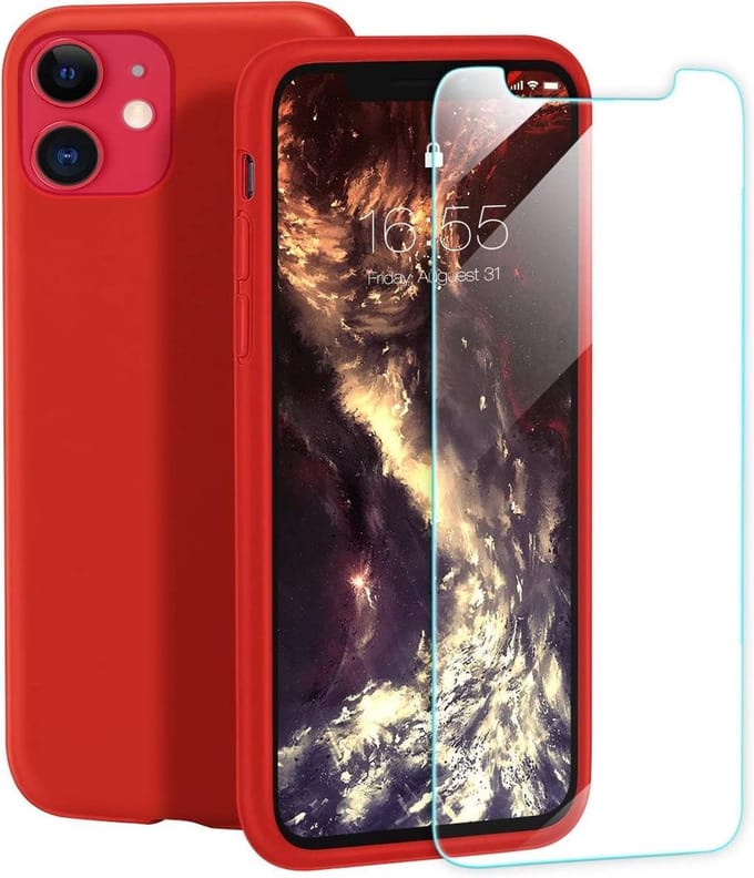 Siliconen Backcover Hoesje Rood  + Tempered Glas Screenprotector Geschikt voor: Apple iPhone 11