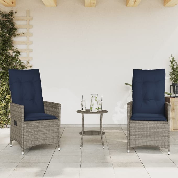 vidaXL - 3-delige - Bistroset - met - kussens - poly - rattan - grijs