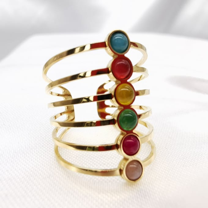 Ring - RVS - verstelbaar - Langwerpig - elegant - multicolor - natuursteentjes. One-size