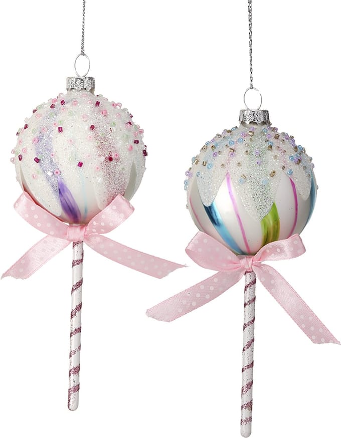 Viv! Christmas Kerstornament - Lollipop met Strik - set van 2 - glas - pastel - 15cm