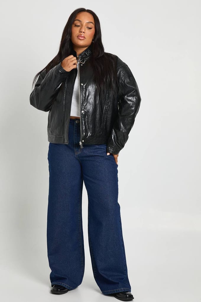boohoo Dames Plus Kunstleren Oversized Jas | Black | Maat: 16