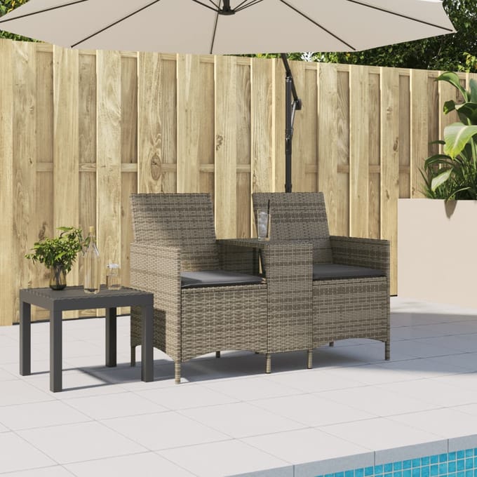 vidaXL - Tuinbank - 2-zits - met - tafel - en - kussens - poly - rattan - grijs