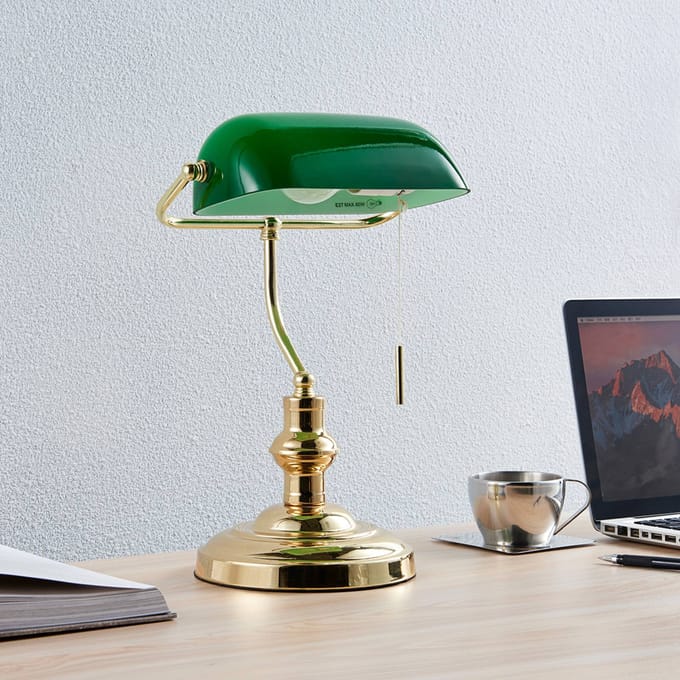 Lindby - bureaulamp - 1licht - Metaal, glas - H: 39 cm - E27 - gepolijst messing, groen