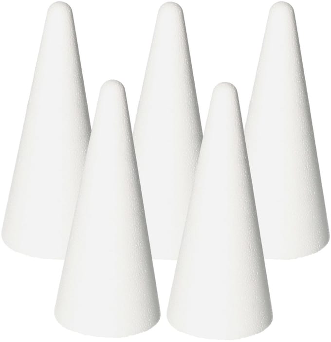 Piepschuim kegels - 5x - wit - H20 cm - styropor vorm - Hobby/diy -knutselmateriaal -basis materiaal