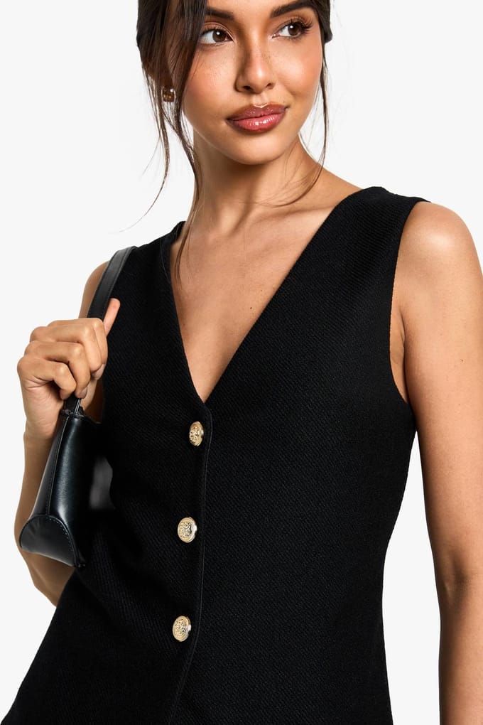 boohoo Dames Textured Button door V-hals lang gesneden vest | Black | Maat: 8