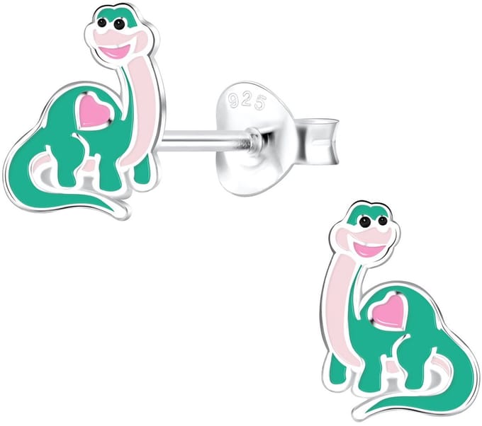 Joy|S - Zilveren dinosaurus oorbellen - 7 x 9 mm - groen met roze hartje - sterling zilver 925 - kinderoorbellen
