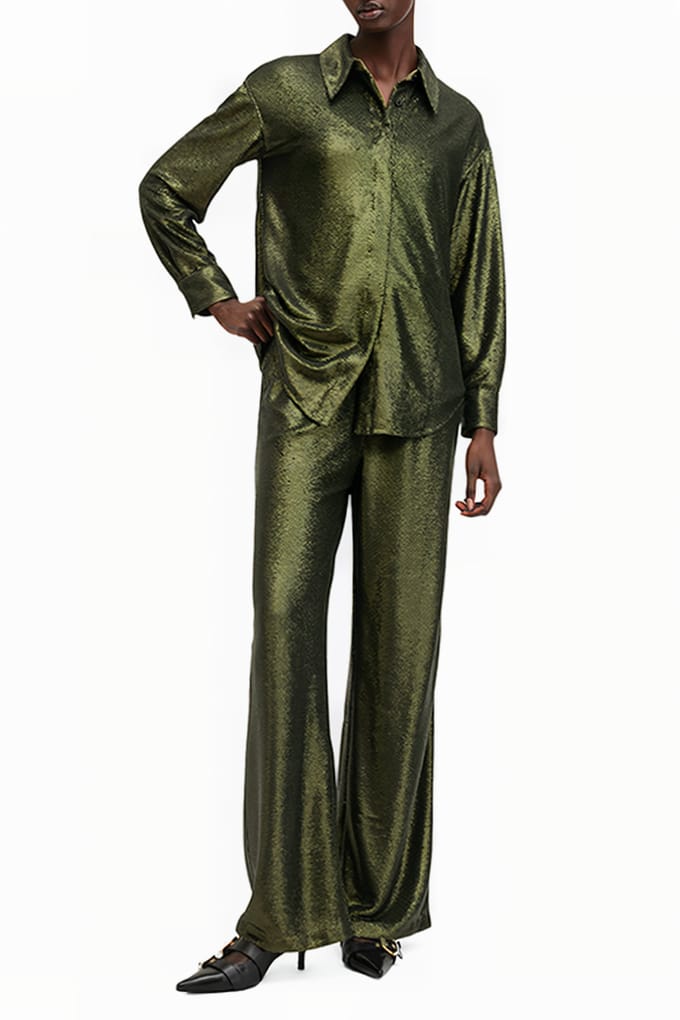 AllSaints Charli Seq Trouser Olive Green Größe: 8 | Ausgestellte Hosen Outlet | Damen | Grün