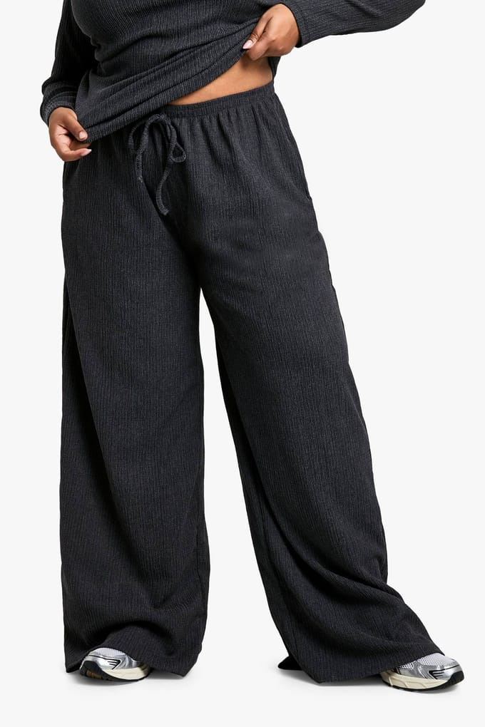 boohoo Dames PLUS GETEXTUREERDE BROEK MET TREKKOORDTAILLE | Charcoal | Maat: 18