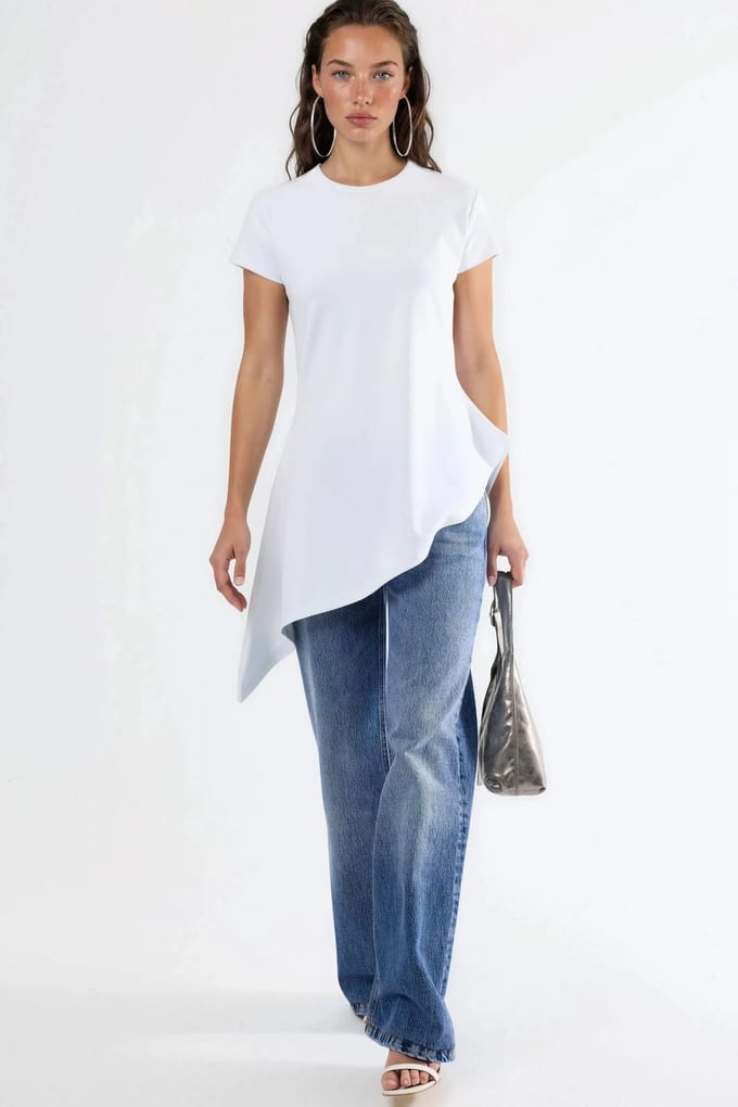 Asymmetrische Korte Mouwen Crew Neck T-Shirt