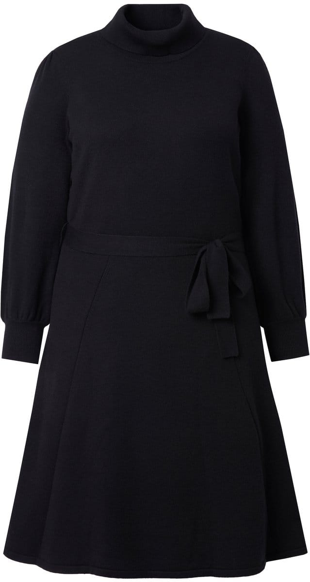MIAMODA - Dames - Gebreide jurk midilengte col ceintuur in de taille - Zwart - Maat 50+