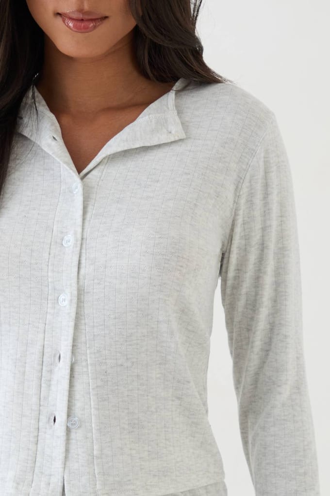 Dames Dsgn Studio Pointelle Top Met Lange Mouwen En Knoopsluiting | Asgrijs | Maat: Medium