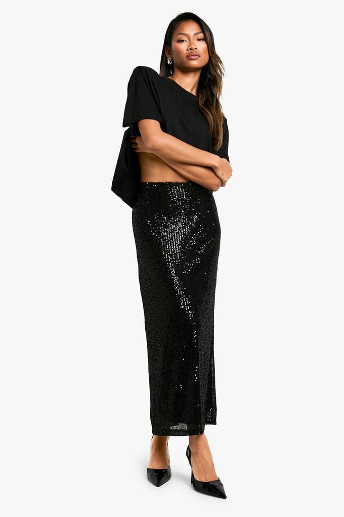 boohoo Dames Knitted Sequin Midaxi Rok | Black | Maat: 6