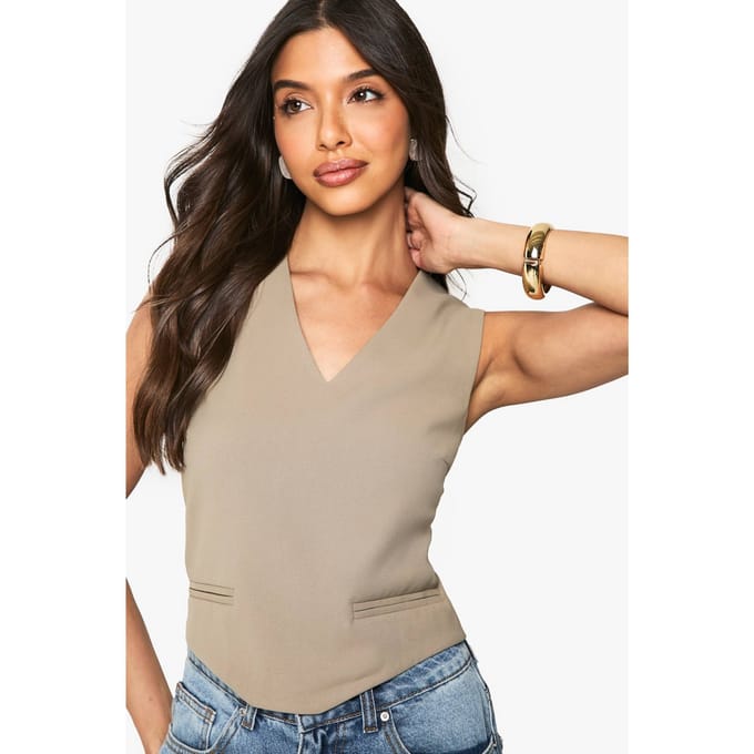 boohoo Dames Geweven gebogen zoom crop top | Mocha | Maat: 8