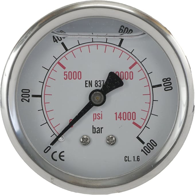 0..1000 Bar Glycerine Manometer Achteraansluiting RVS/Messing 63 mm Klasse 1.6 - ML0100063SHG