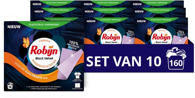 Robijn - black Velvet Wasmiddeldoekjes - 160 wasstrips - Voordeelverpakking