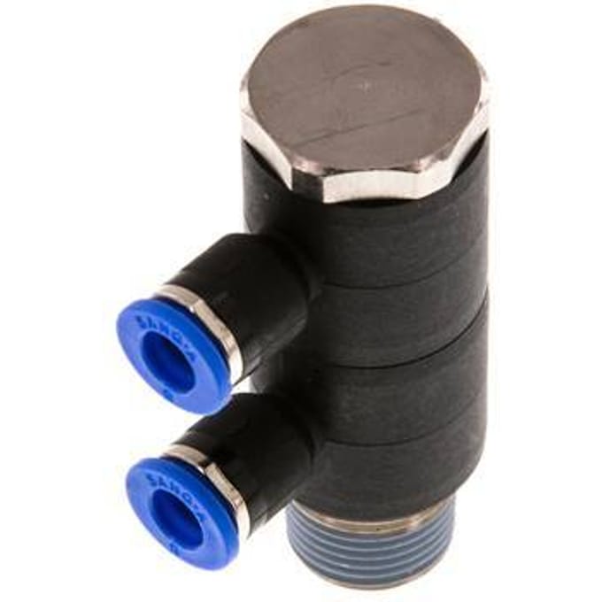 6mm x R3/8'' 2-way Manifold Messing/PA 66 Insteekfitting Buitendraad Draaibaar NBR
