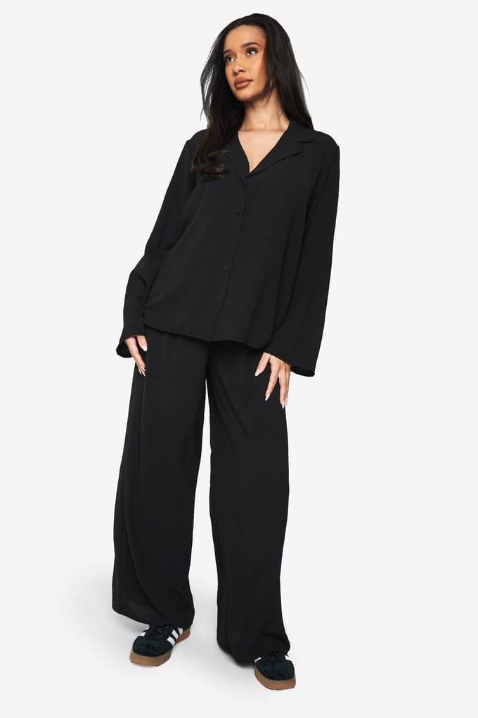 boohoo Dames Geweven Oversized Shirt & Trekknoop Broek Co-ord | Black | Maat: 6