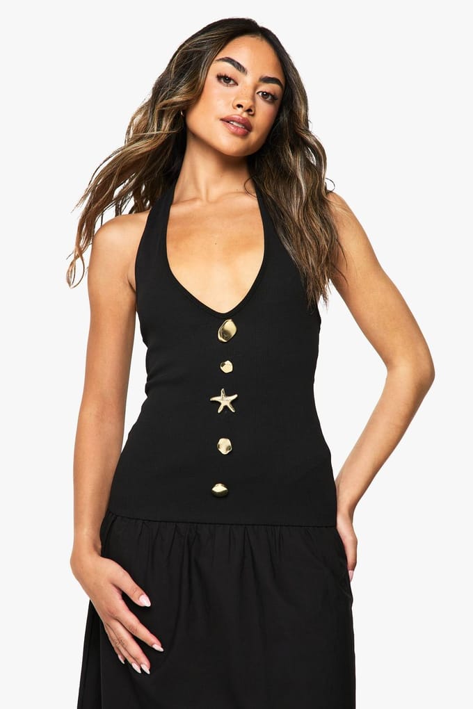 boohoo Dames Zeester Gouden Rand Rib Poplin Mix Midaxi Jurk | Zwart | Maat: 36