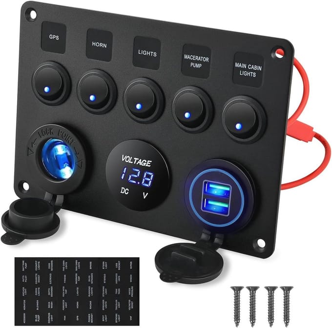 5-gangen Multifunctionele Rocker met Dubbele USB-oplader en Digitale Voltmeter voor Campers en Auto's