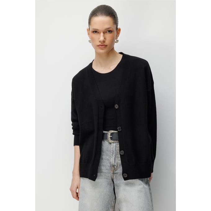Lange Geribbelde Gebreide Cardigan met V-hals en Knopen Sluiting