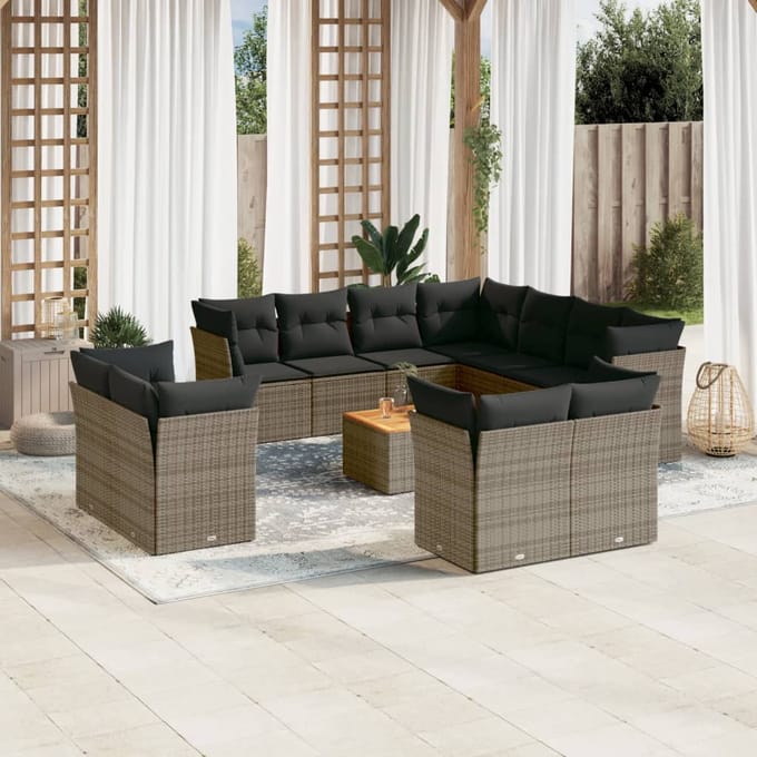 vidaXL - 12-delige - Loungeset - met - kussens - poly - rattan - grijs