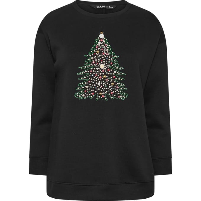Yours Plus Size Black Embellished Christmas Tree Novelty Sweatshirt Size 44