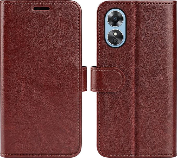 MobyDefend Hoesje - Geschikt voor Oppo A17 - Wallet Book Case (Sluiting Achterkant) - Bruin